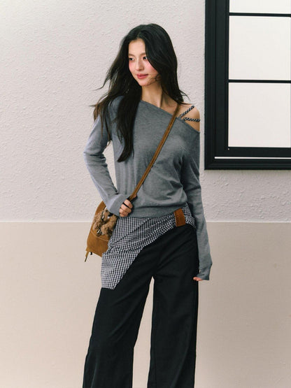 7Shiftin Gray Off Shoulder Apron Detail Wide Leg Women&