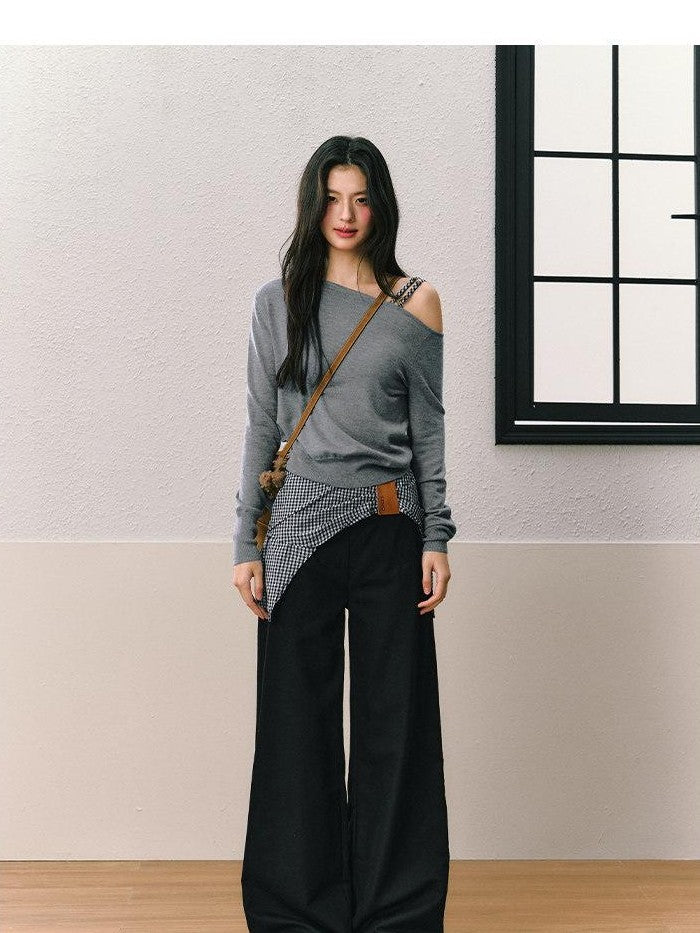 7Shiftin Gray Off Shoulder Apron Detail Wide Leg Women&
