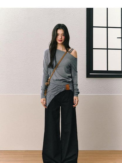 7Shiftin Gray Off Shoulder Apron Detail Wide Leg Women&