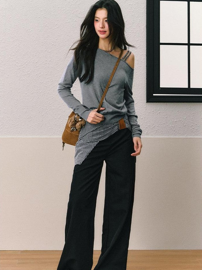 7Shiftin Gray Off Shoulder Apron Detail Wide Leg Women&