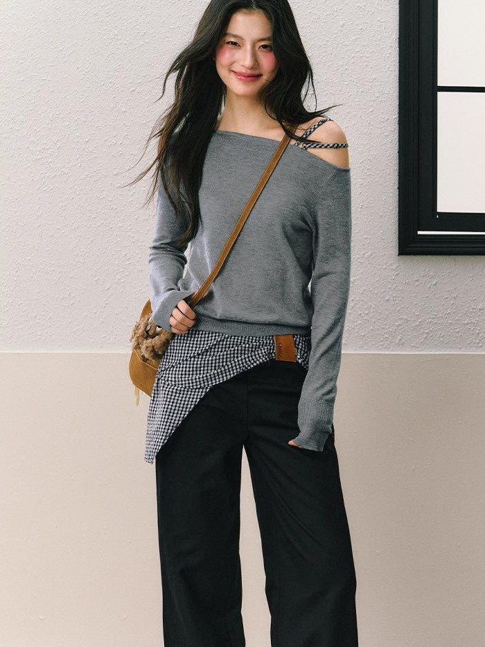 7Shiftin Gray Off Shoulder Apron Detail Wide Leg Women&