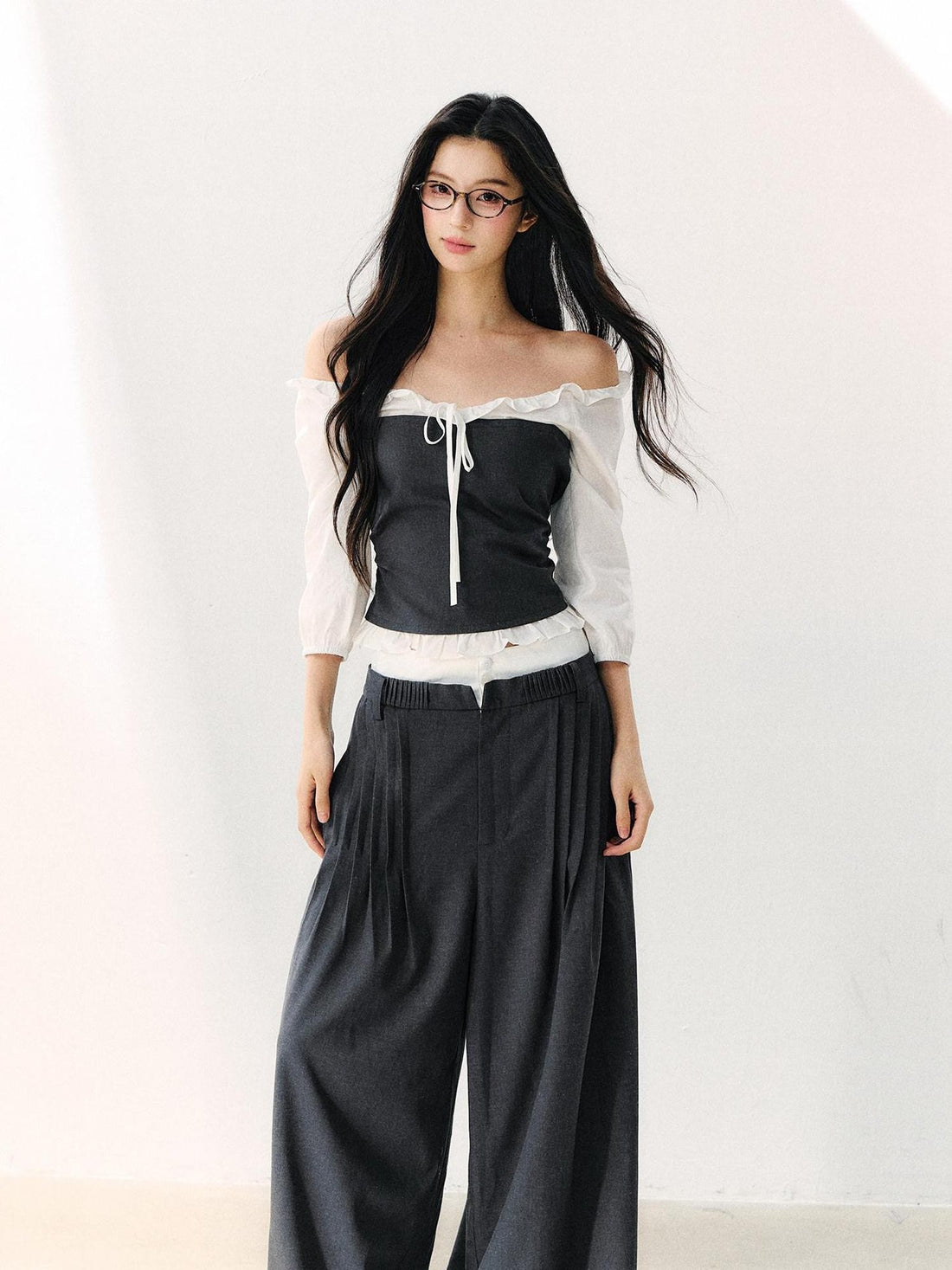 7Shiftin Gray Off Shoulder Puff Sleeve Ruffle Tie Women&