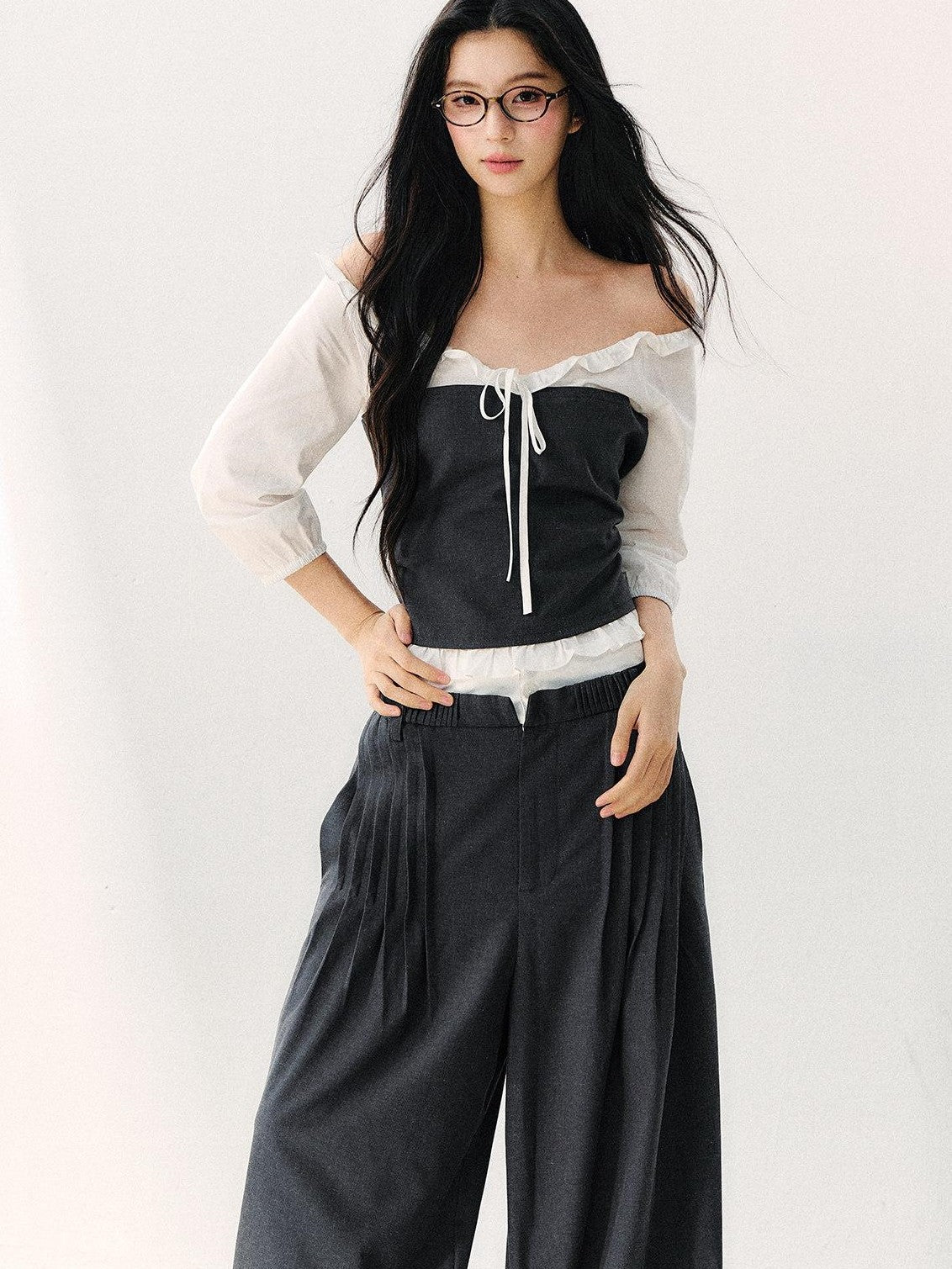 7Shiftin Gray Off Shoulder Puff Sleeve Ruffle Tie Women&