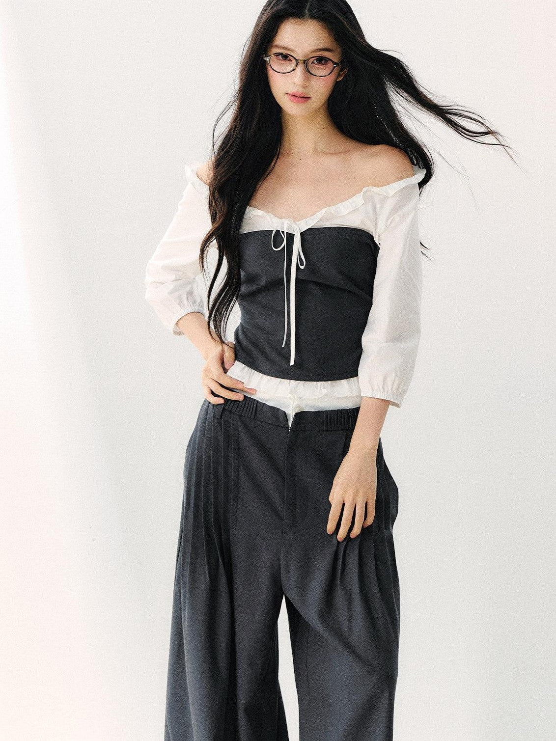 7Shiftin Gray Off Shoulder Puff Sleeve Ruffle Tie Women&