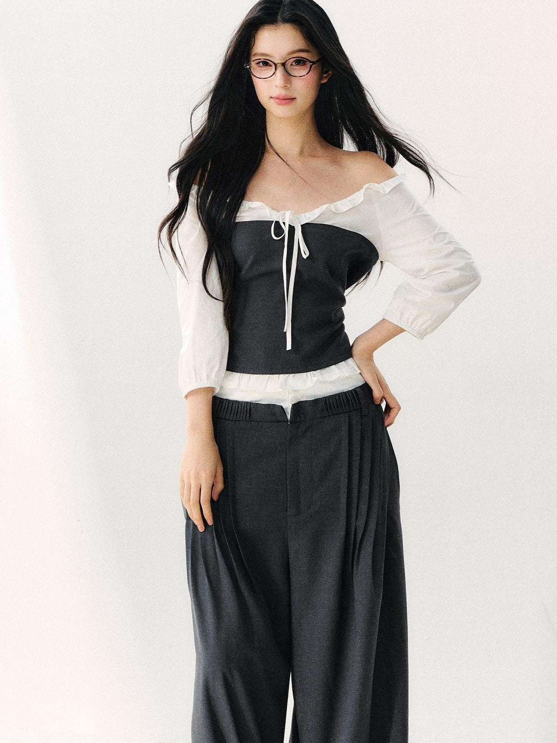 7Shiftin Gray Off Shoulder Puff Sleeve Ruffle Tie Women&