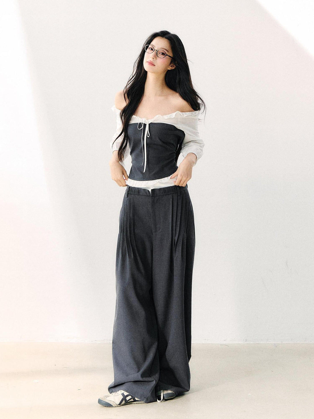 7Shiftin Gray Off Shoulder Puff Sleeve Ruffle Tie Women&