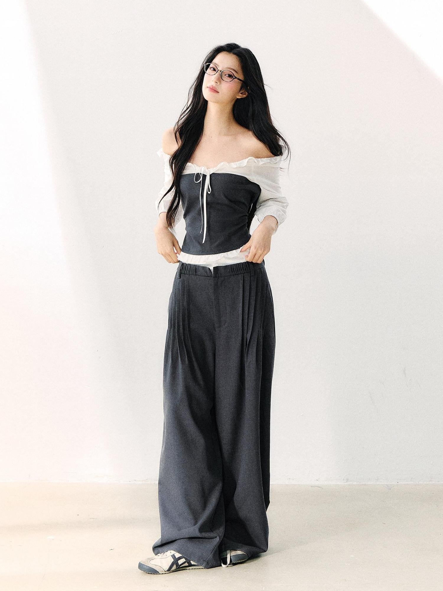 7Shiftin Gray Off Shoulder Puff Sleeve Ruffle Tie Women&
