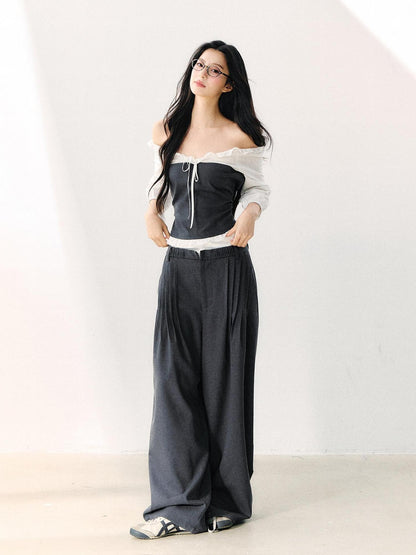 7Shiftin Gray Off Shoulder Puff Sleeve Ruffle Tie Women&