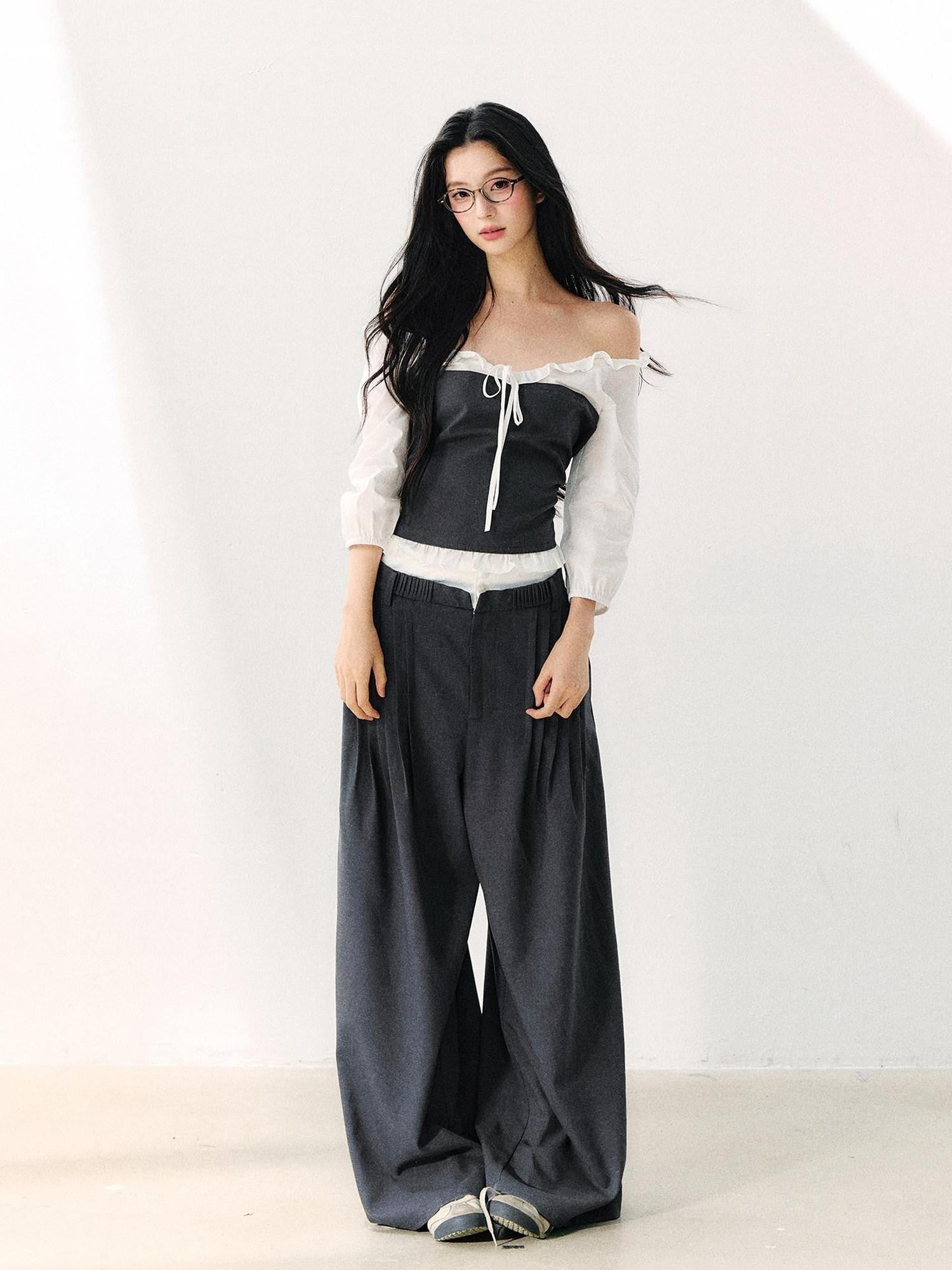 7Shiftin Gray Off Shoulder Puff Sleeve Ruffle Tie Women&