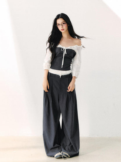 7Shiftin Gray Off Shoulder Puff Sleeve Ruffle Tie Women&