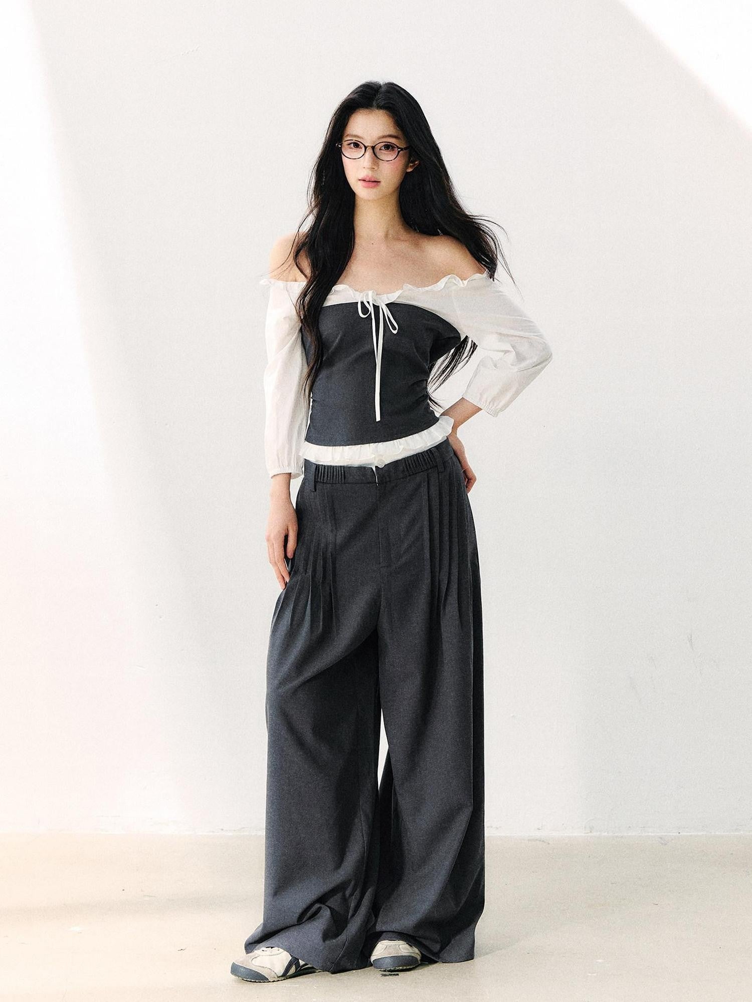 7Shiftin Gray Off Shoulder Puff Sleeve Ruffle Tie Women&