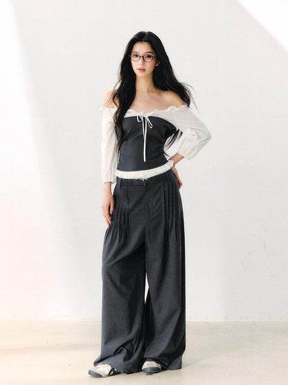 7Shiftin Gray Off Shoulder Puff Sleeve Ruffle Tie Women&