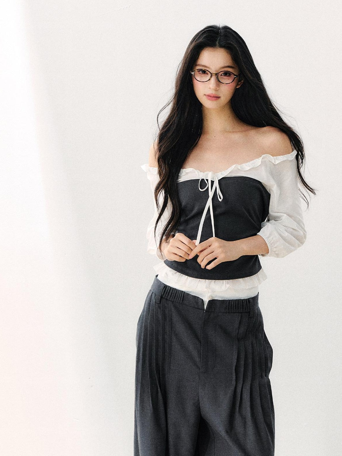 7Shiftin Gray Off Shoulder Puff Sleeve Ruffle Tie Women&