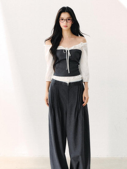 7Shiftin Gray Off Shoulder Puff Sleeve Ruffle Tie Women&