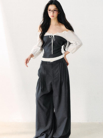 7Shiftin Gray Off Shoulder Puff Sleeve Ruffle Tie Women&