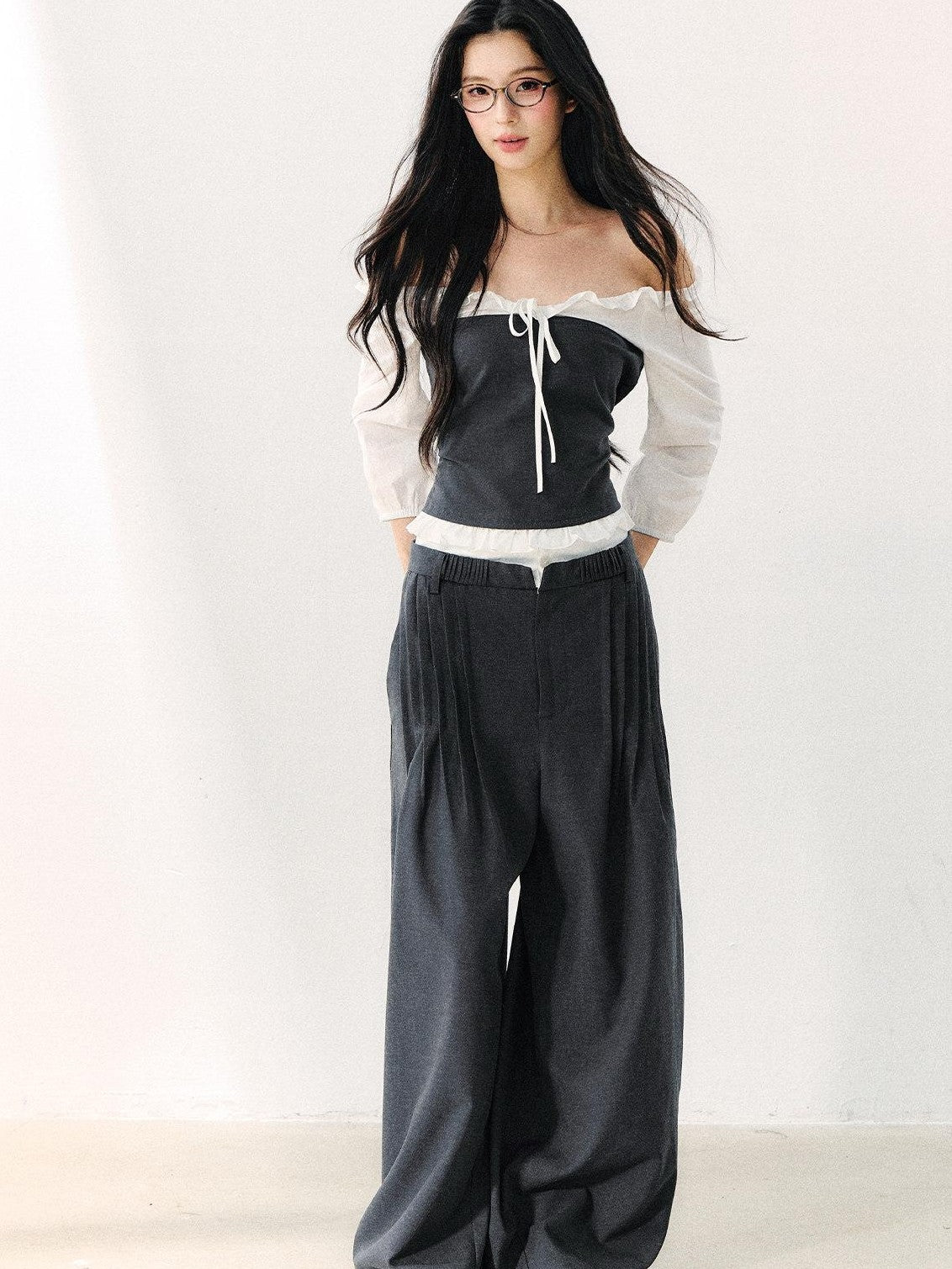 7Shiftin Gray Off Shoulder Puff Sleeve Ruffle Tie Women&