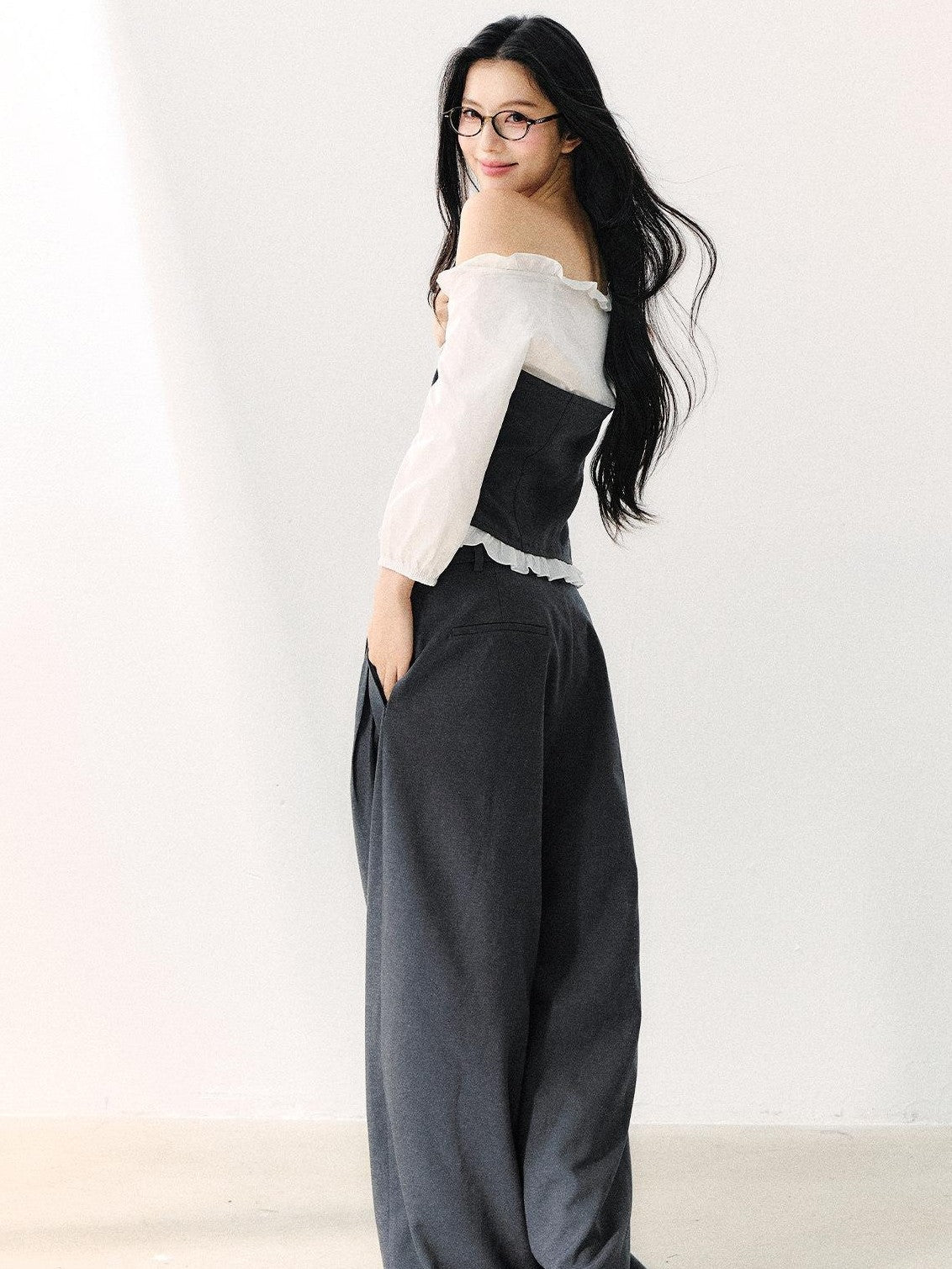 7Shiftin Gray Off Shoulder Puff Sleeve Ruffle Tie Women&