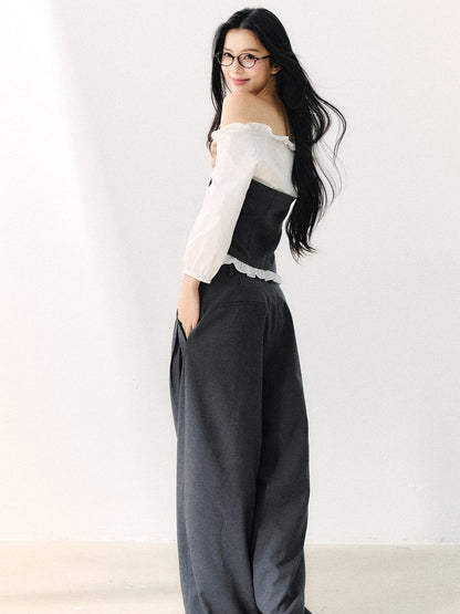 7Shiftin Gray Off Shoulder Puff Sleeve Ruffle Tie Women&