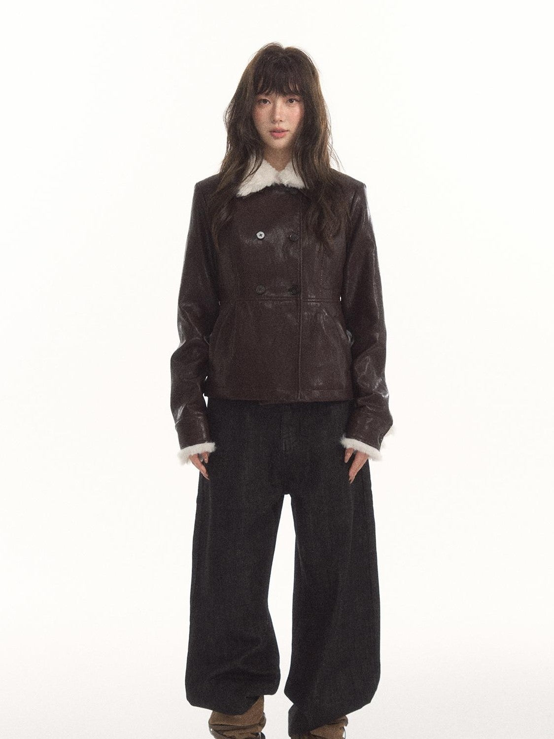 7Shiftin High Waist Double Breasted Faux Fur Panel Matte Women&