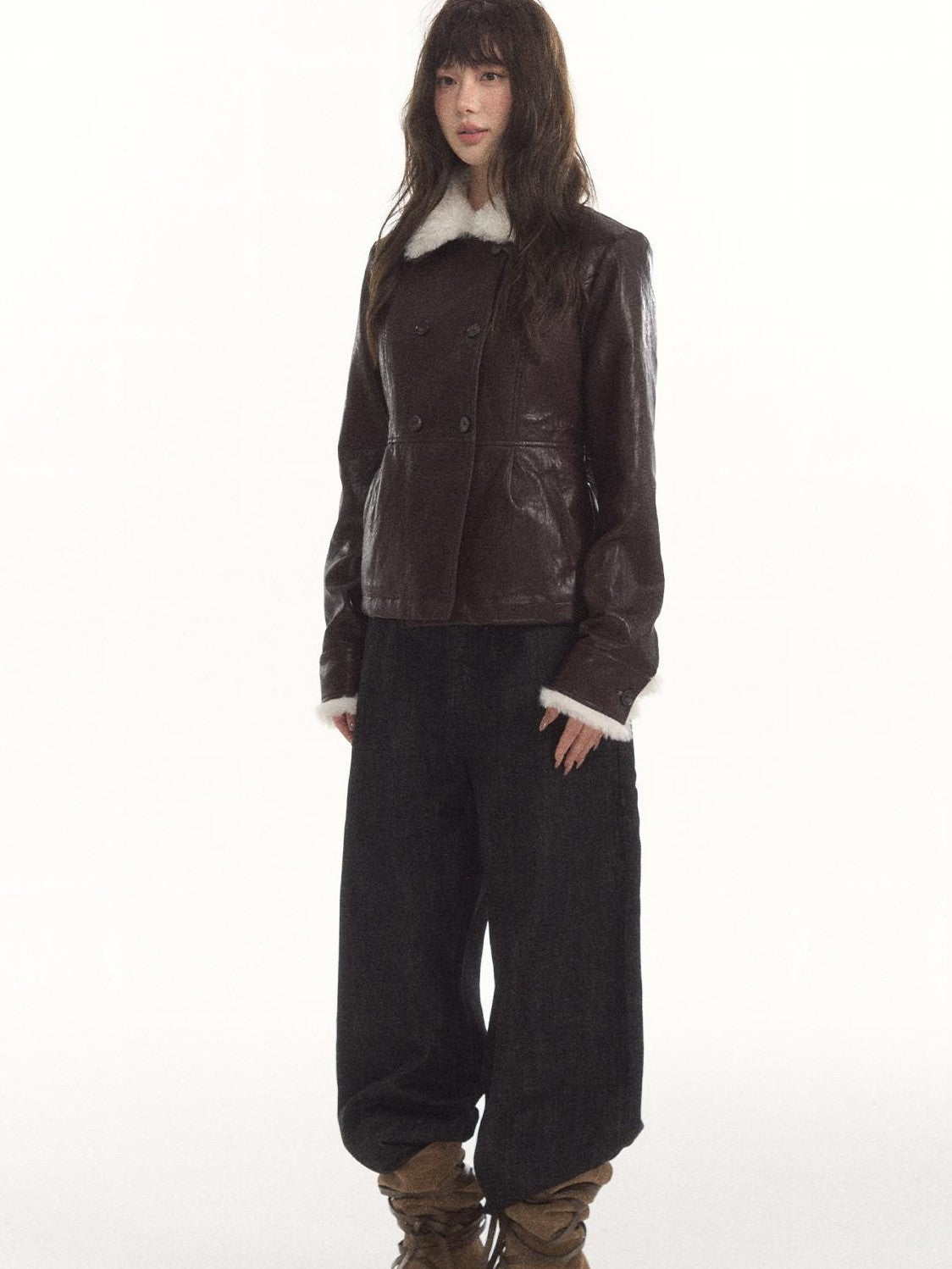 7Shiftin High Waist Double Breasted Faux Fur Panel Matte Women&