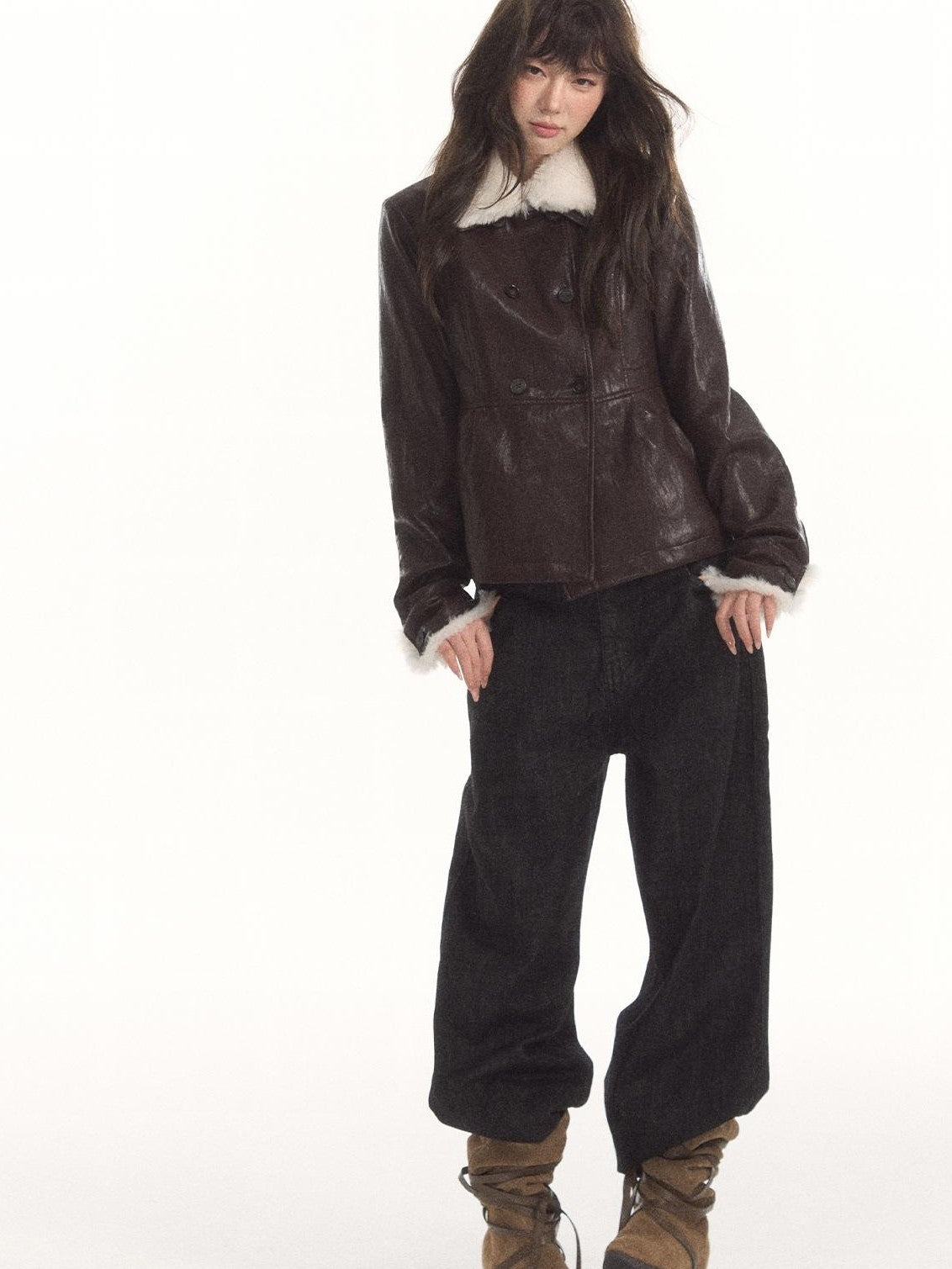 7Shiftin High Waist Double Breasted Faux Fur Panel Matte Women&