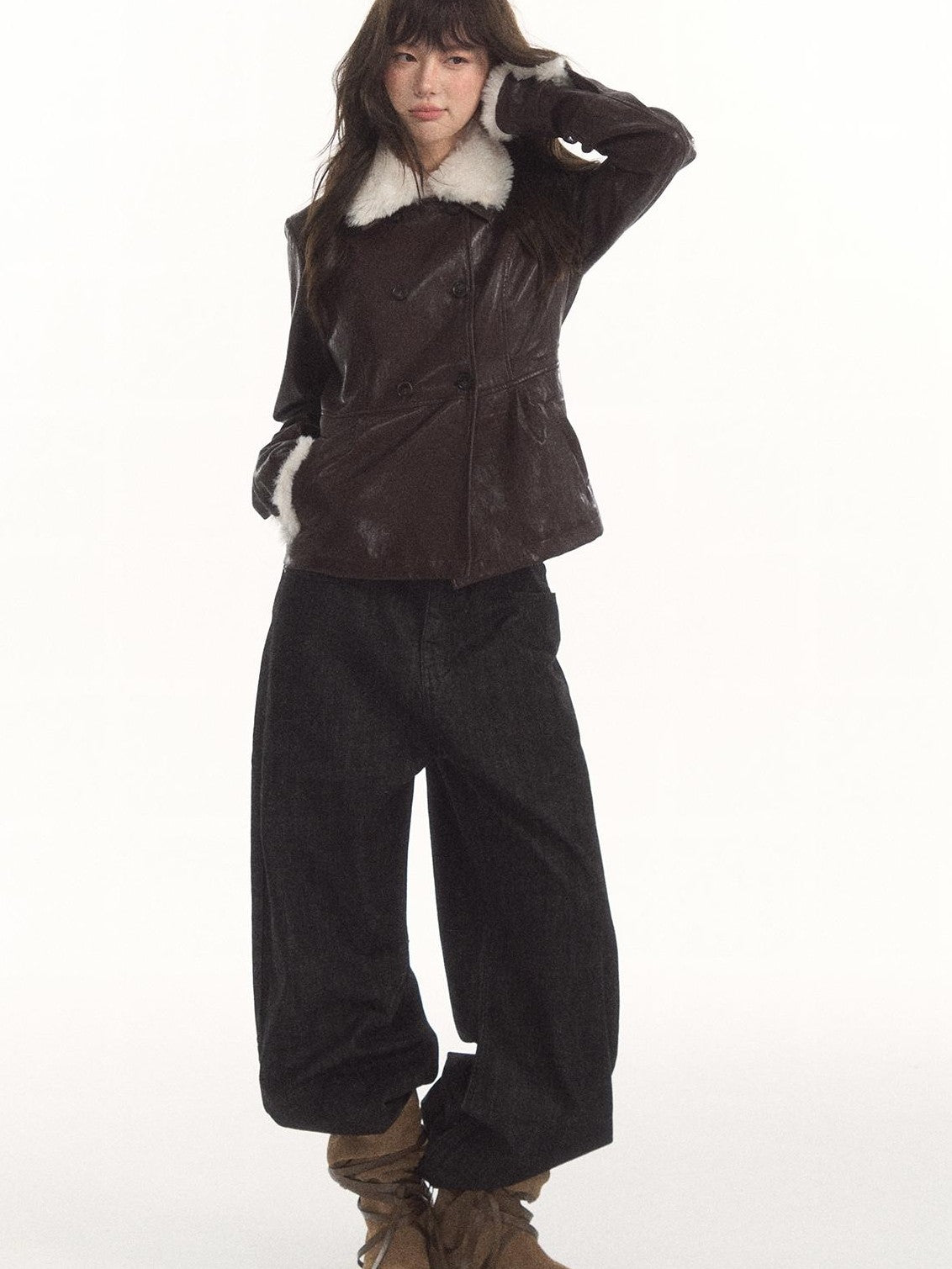 7Shiftin High Waist Double Breasted Faux Fur Panel Matte Women&
