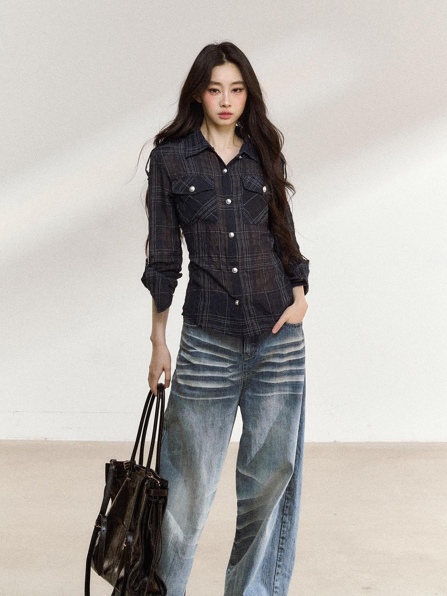7Shiftin Irregular Plaid Polo Button Women&