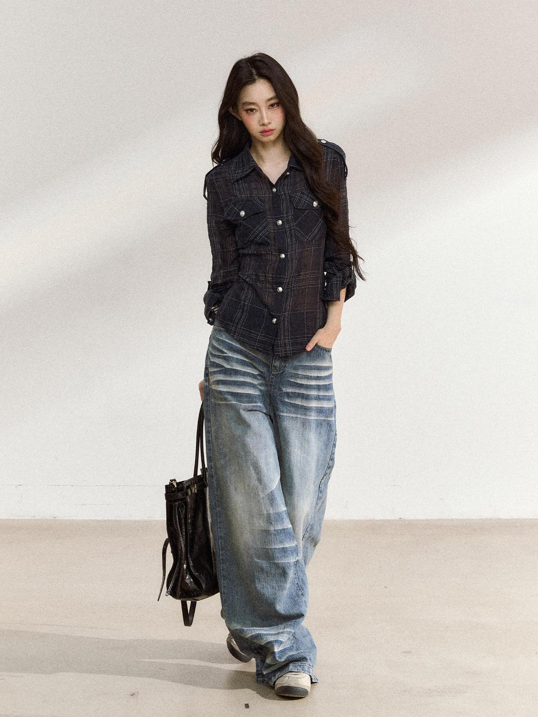 7Shiftin Irregular Plaid Polo Button Women&