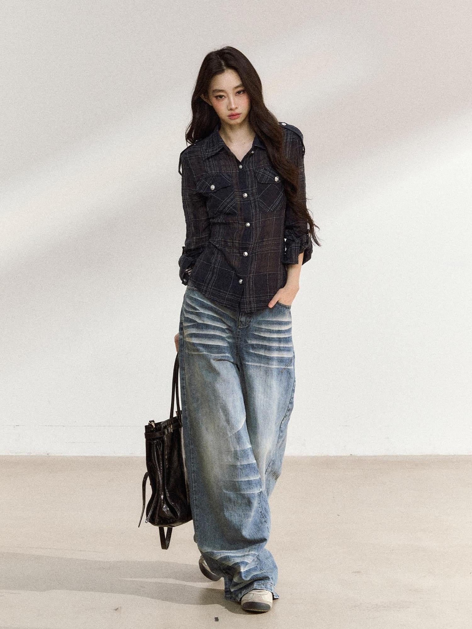 7Shiftin Irregular Plaid Polo Button Women&