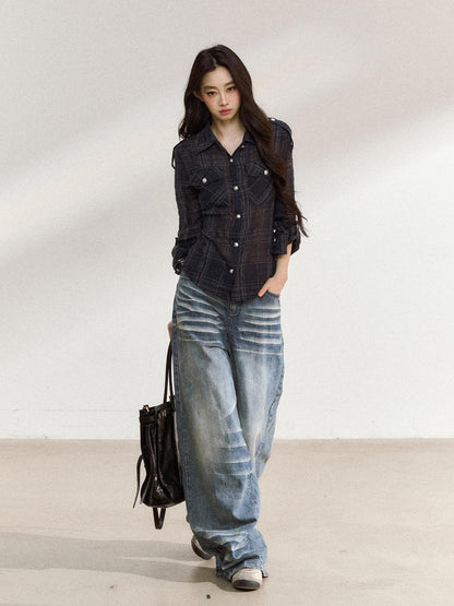 7Shiftin Irregular Plaid Polo Button Women&