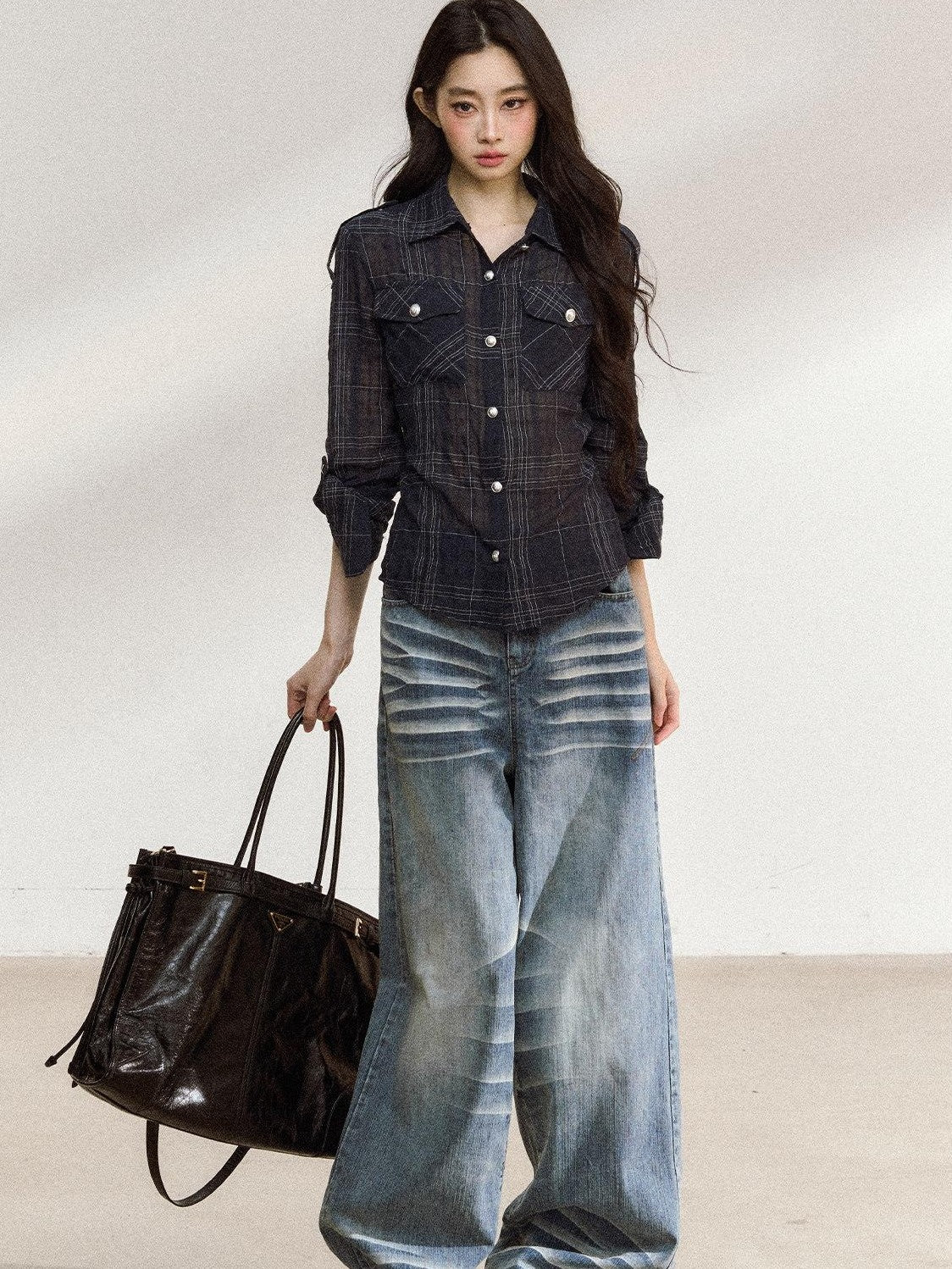 7Shiftin Irregular Plaid Polo Button Women&