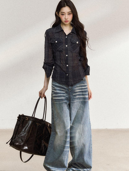 7Shiftin Irregular Plaid Polo Button Women&
