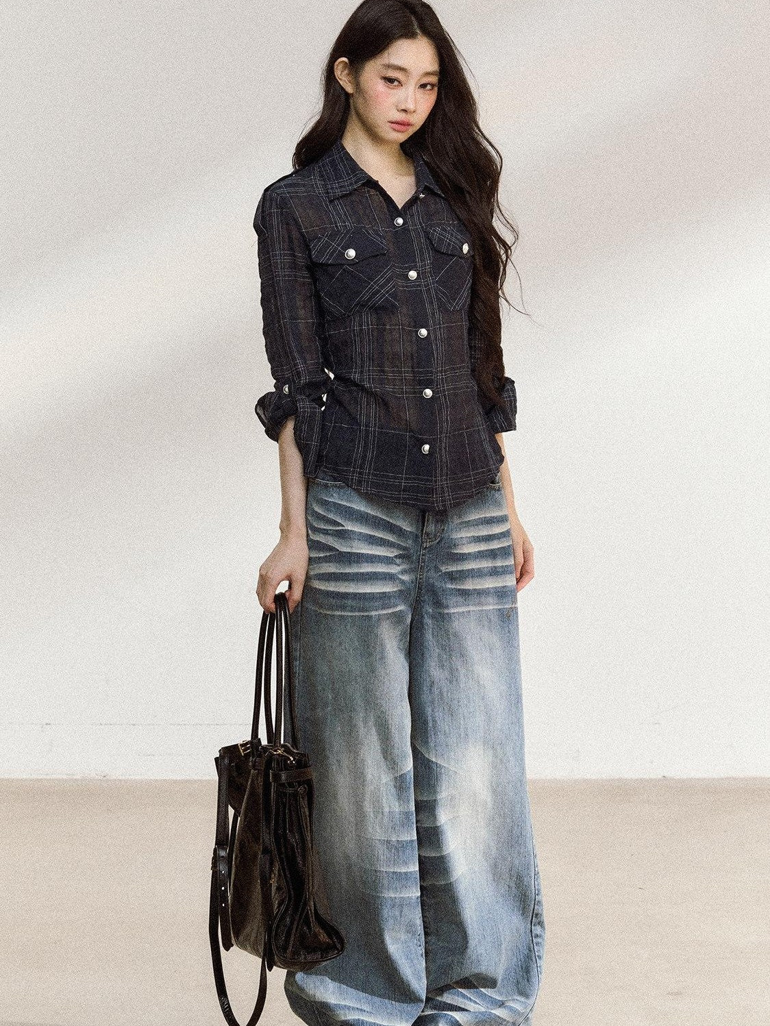 7Shiftin Irregular Plaid Polo Button Women&