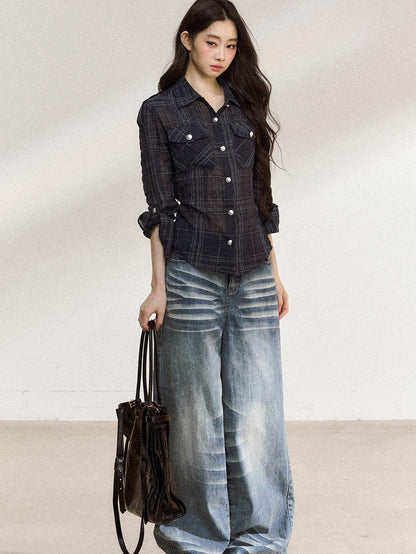 7Shiftin Irregular Plaid Polo Button Women&