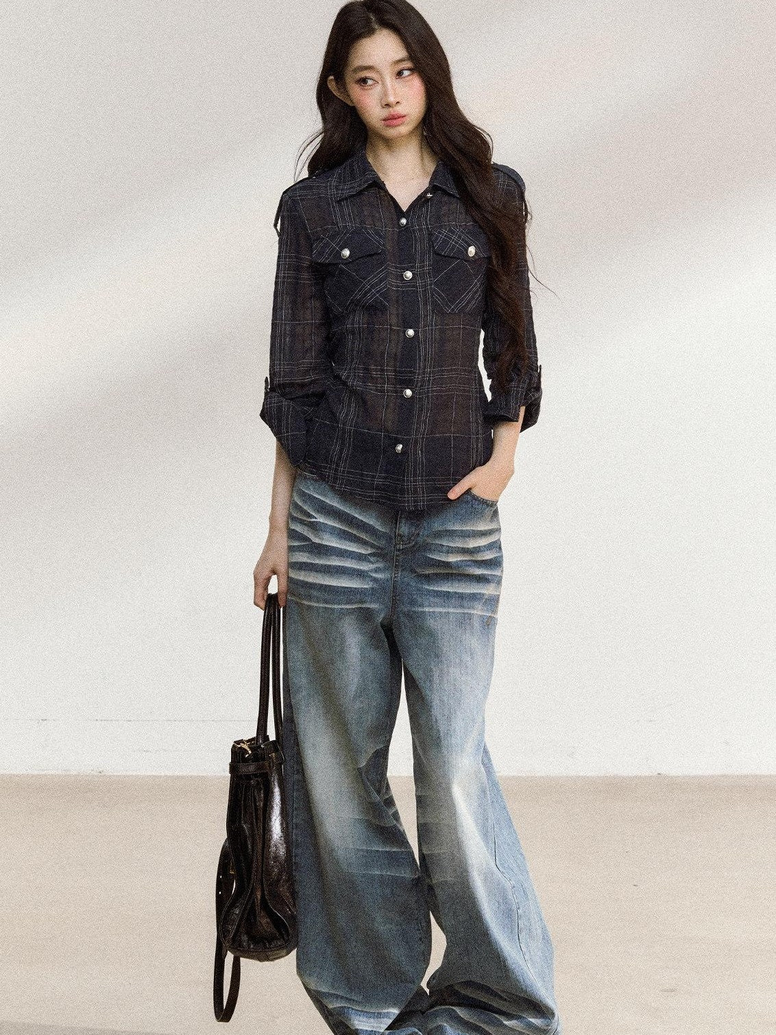 7Shiftin Irregular Plaid Polo Button Women&