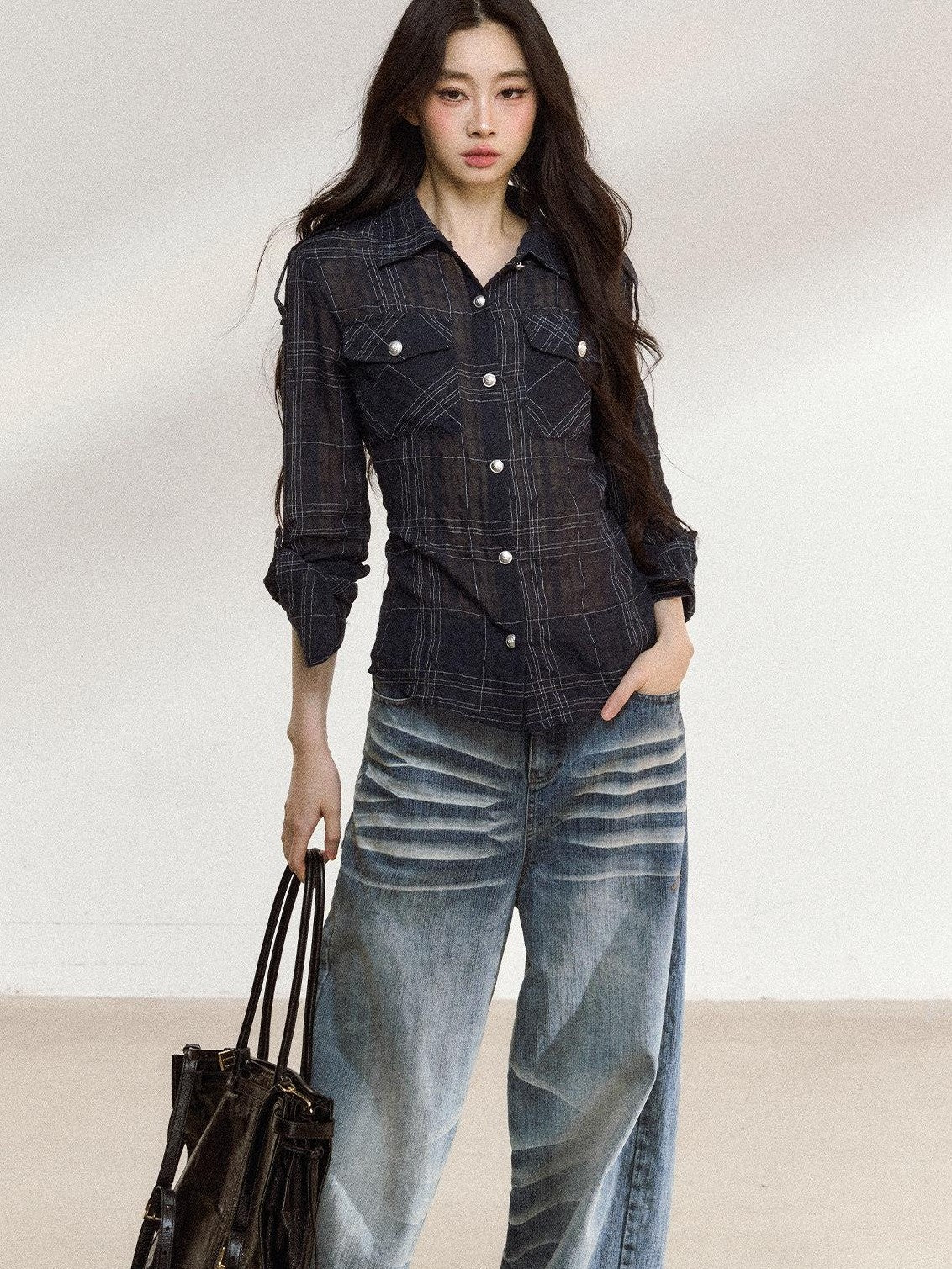 7Shiftin Irregular Plaid Polo Button Women&