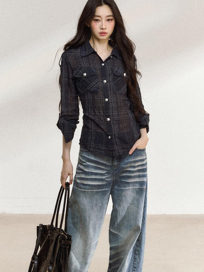 7Shiftin Irregular Plaid Polo Button Women&