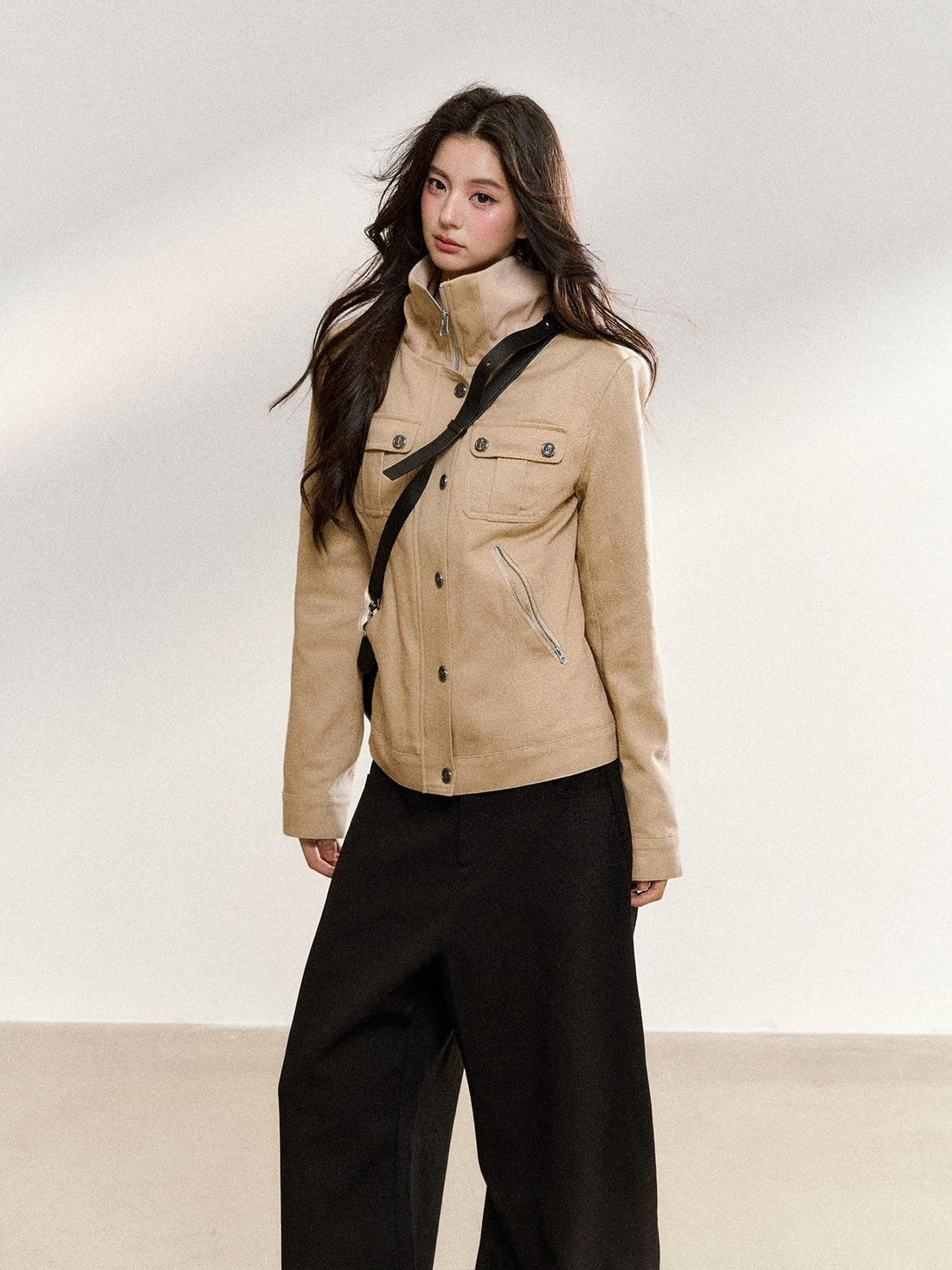 7Shiftin Khaki Korean Vintage Stand Collar Button Short Slim Fit Women&