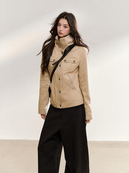 7Shiftin Khaki Korean Vintage Stand Collar Button Short Slim Fit Women&