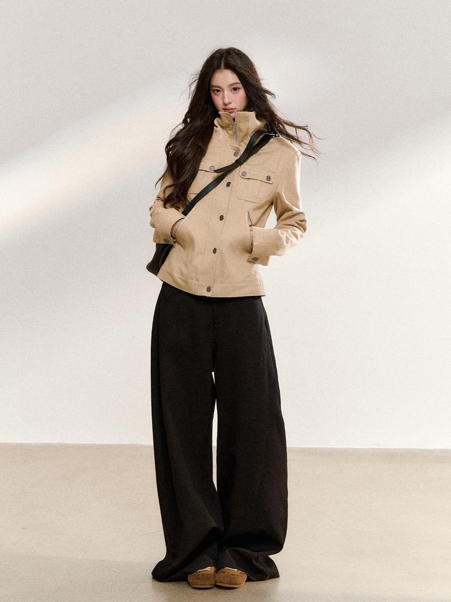 7Shiftin Khaki Korean Vintage Stand Collar Button Short Slim Fit Women&