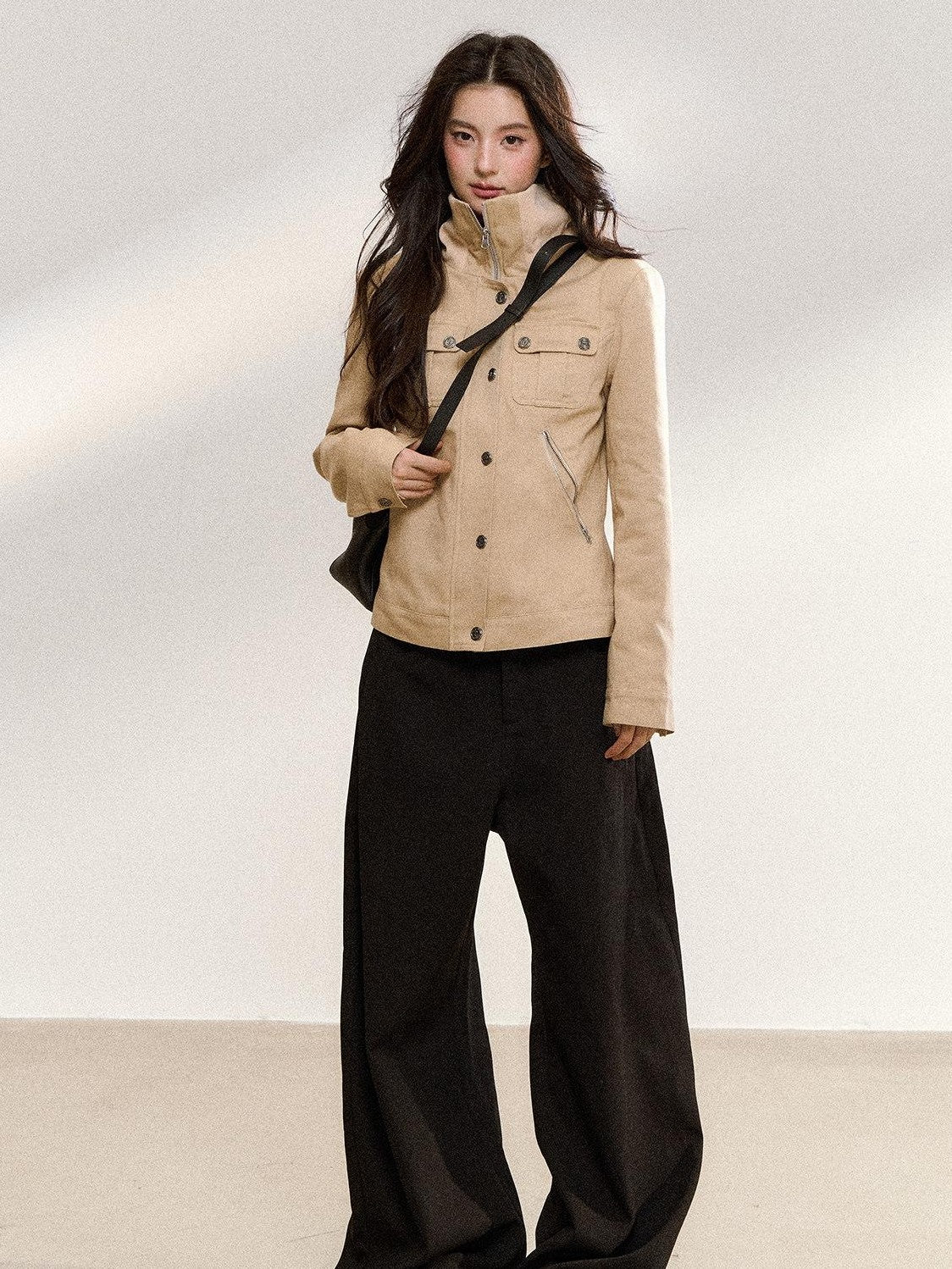 7Shiftin Khaki Korean Vintage Stand Collar Button Short Slim Fit Women&