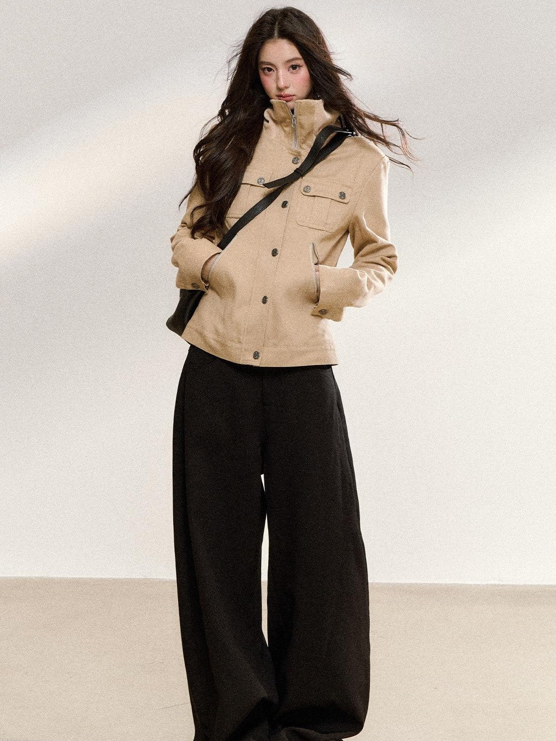 7Shiftin Khaki Korean Vintage Stand Collar Button Short Slim Fit Women&