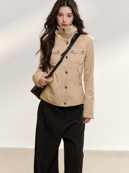 7Shiftin Khaki Korean Vintage Stand Collar Button Short Slim Fit Women&