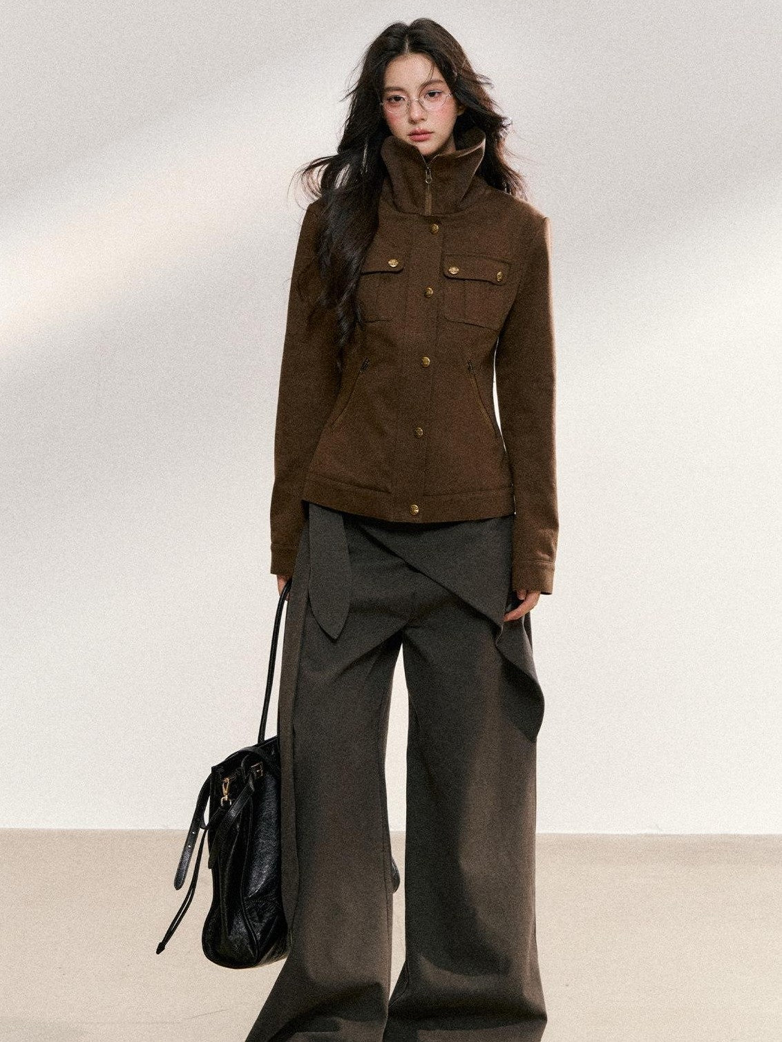 7Shiftin Khaki Korean Vintage Stand Collar Button Short Slim Fit Women&