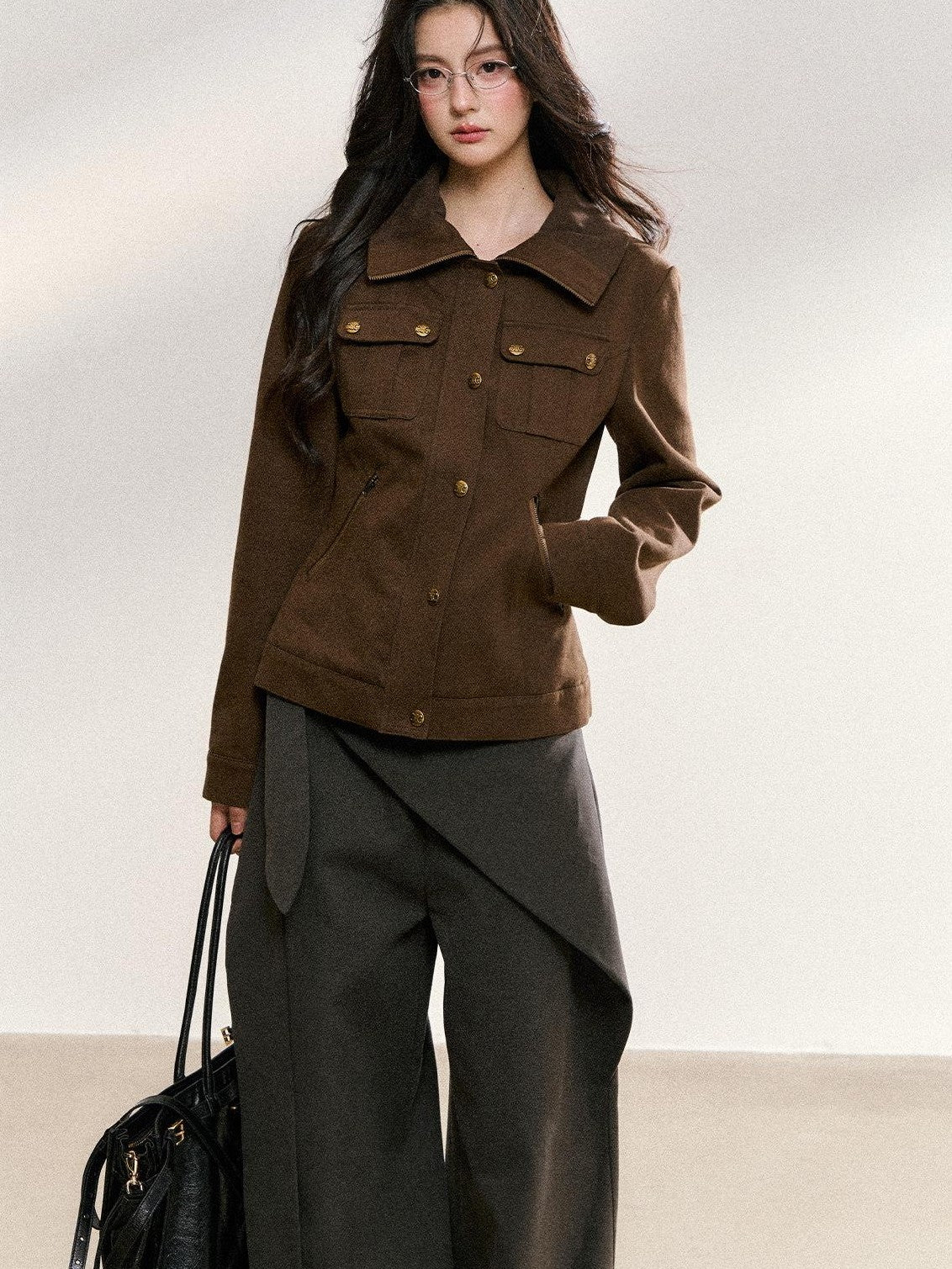 7Shiftin Khaki Korean Vintage Stand Collar Button Short Slim Fit Women&