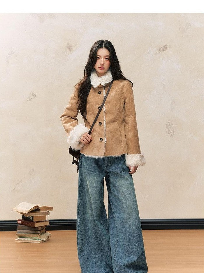 7Shiftin Khaki Slim Fit Short Plush Shearling Women&