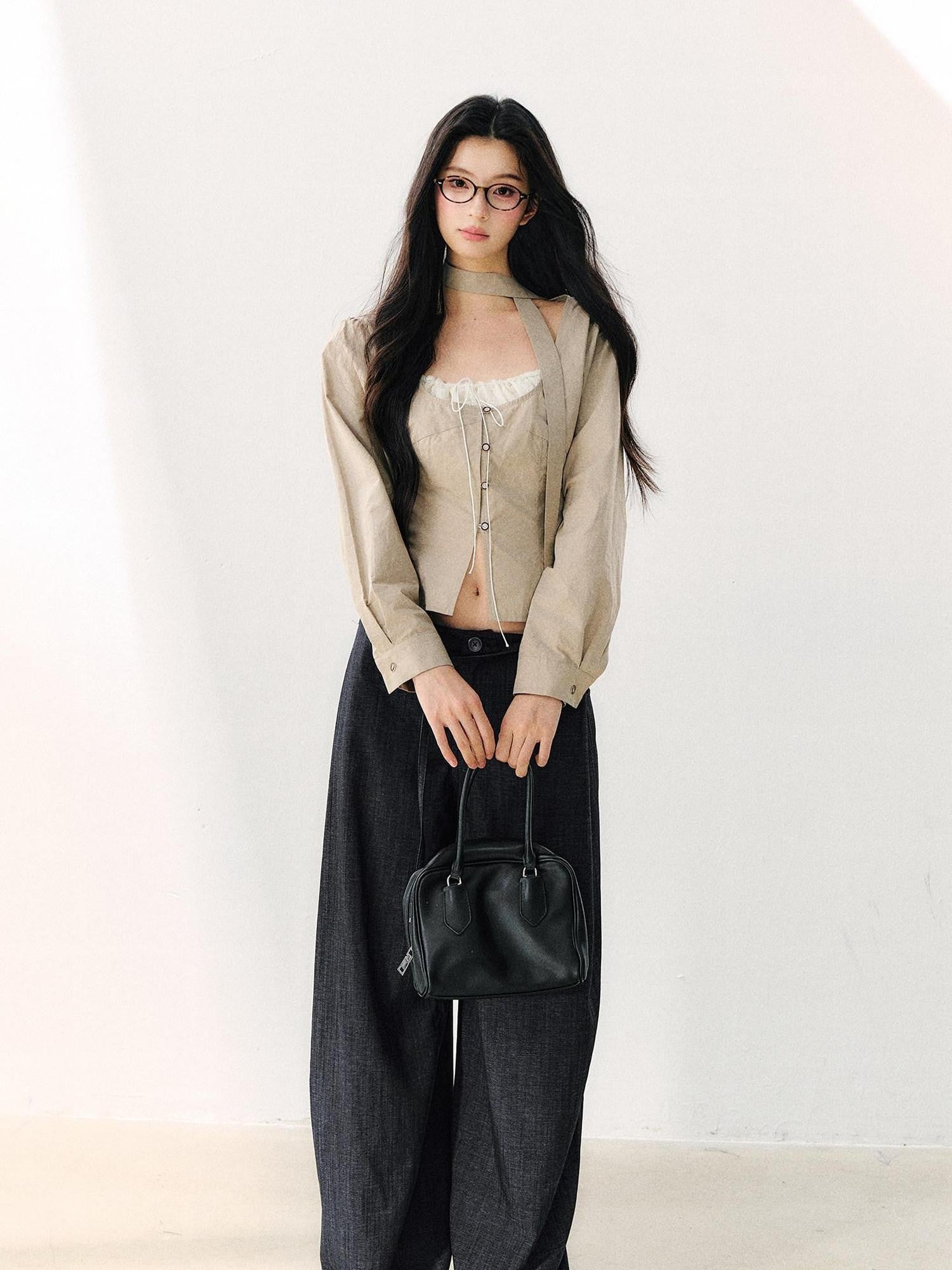 7Shiftin Khaki Tie Square Neck Faux Two Piece Spliced Women&