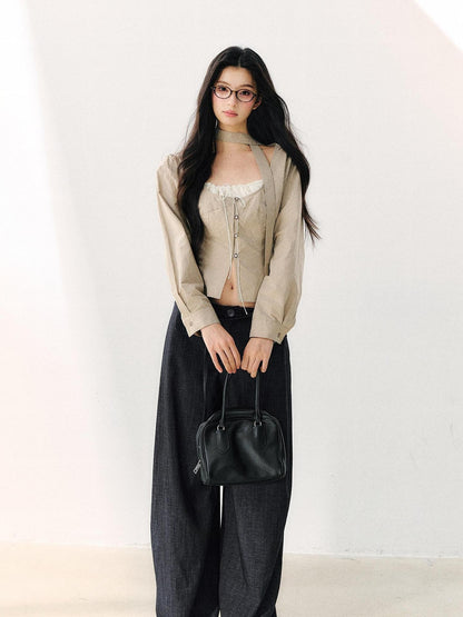 7Shiftin Khaki Tie Square Neck Faux Two Piece Spliced Women&