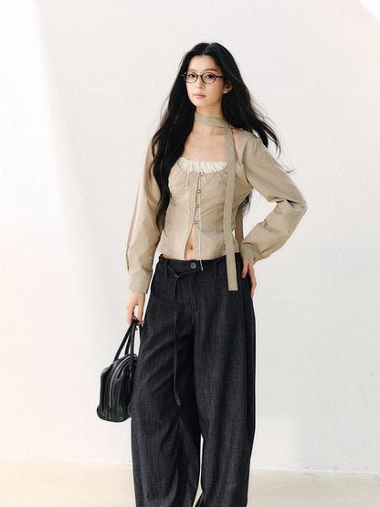 7Shiftin Khaki Tie Square Neck Faux Two Piece Spliced Women&