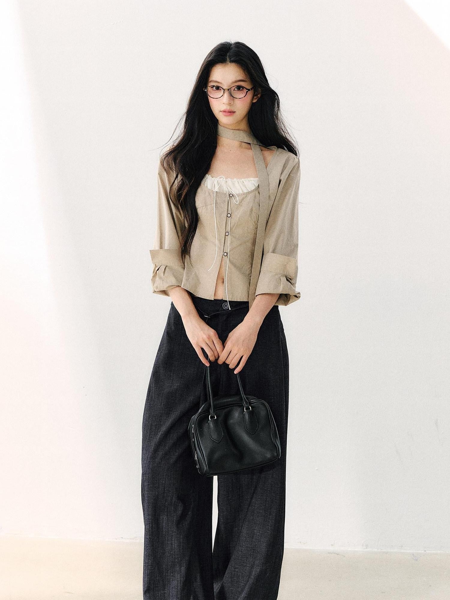 7Shiftin Khaki Tie Square Neck Faux Two Piece Spliced Women&